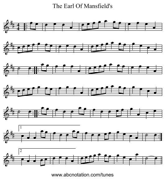The Earl Of Mansfield's - staff notation