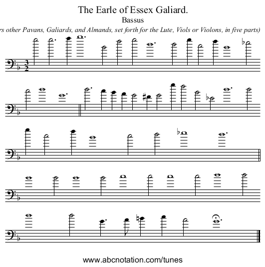 The Earle of Essex Galiard. - staff notation