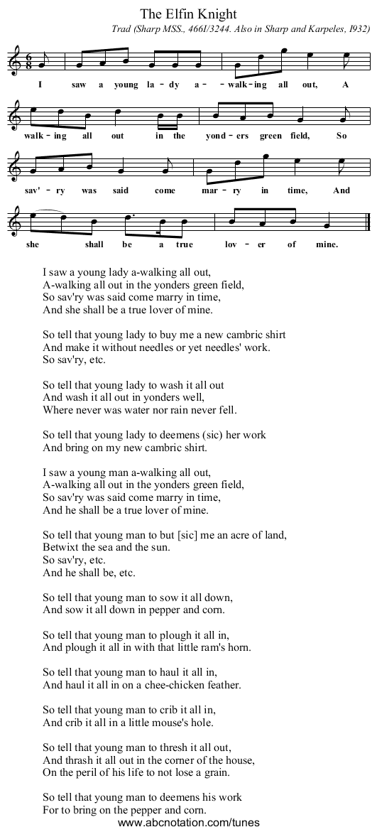 The Elfin Knight - staff notation