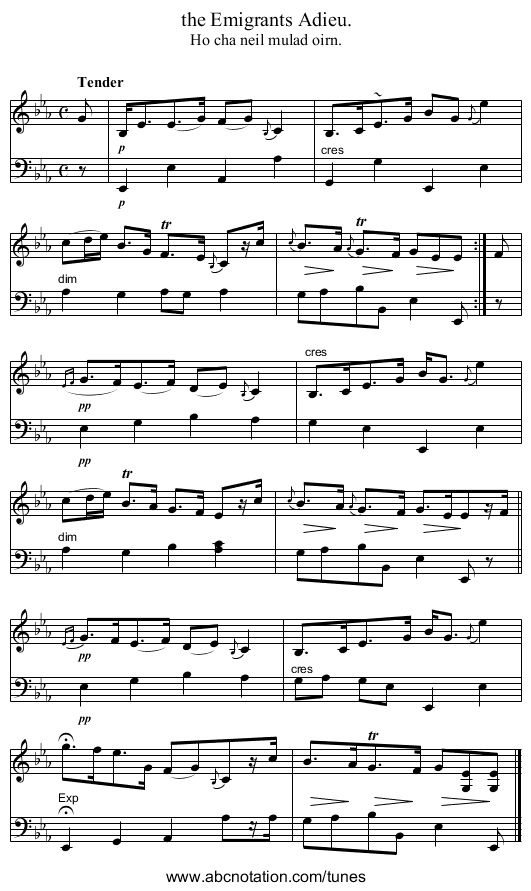 the Emigrants Adieu. - staff notation