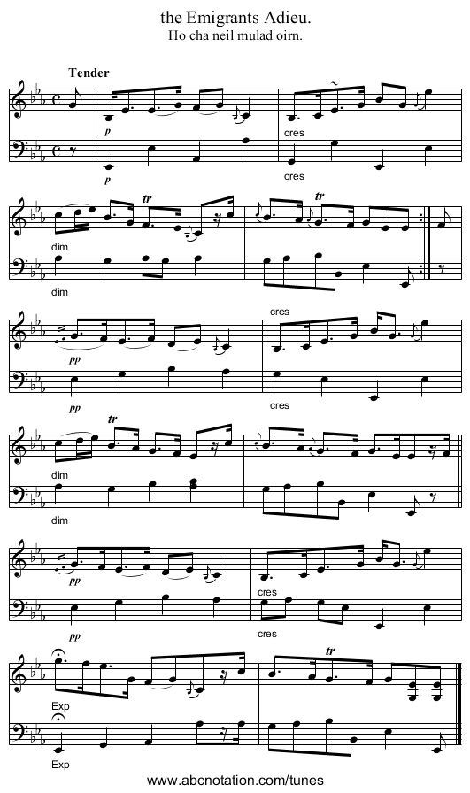 the Emigrants Adieu. - staff notation