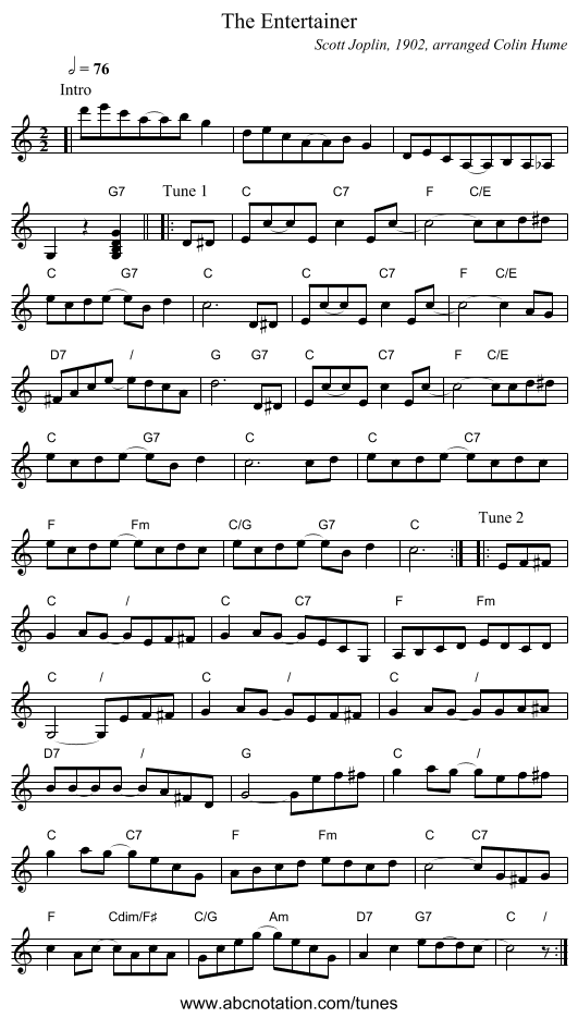 The Entertainer - staff notation