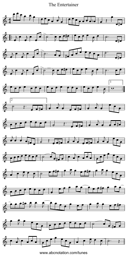 The Entertainer - staff notation