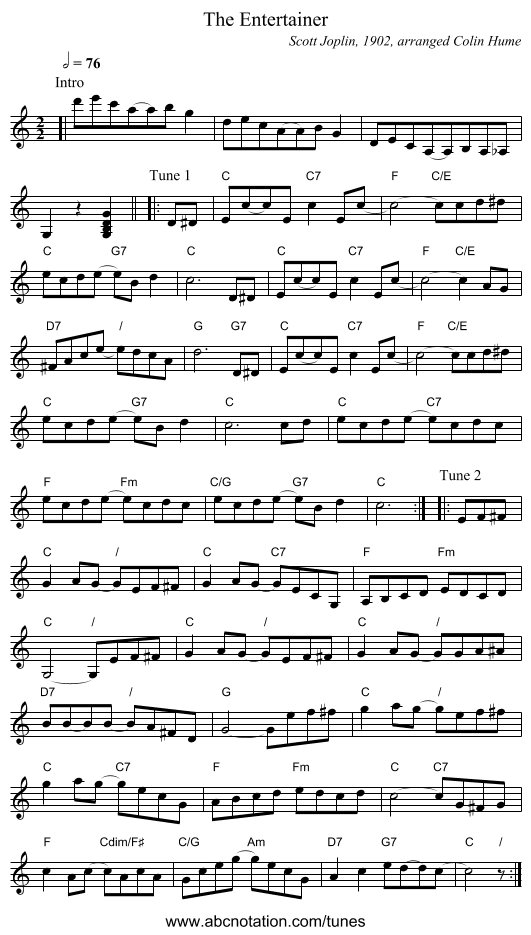 The Entertainer - staff notation