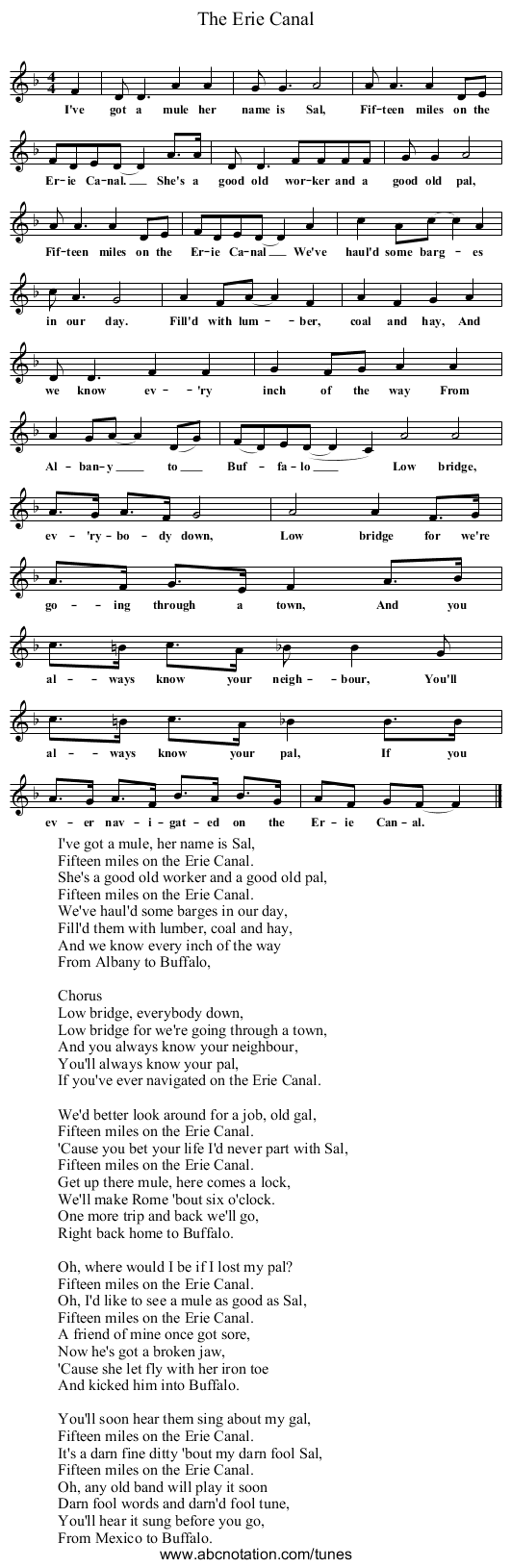 The Erie Canal - staff notation