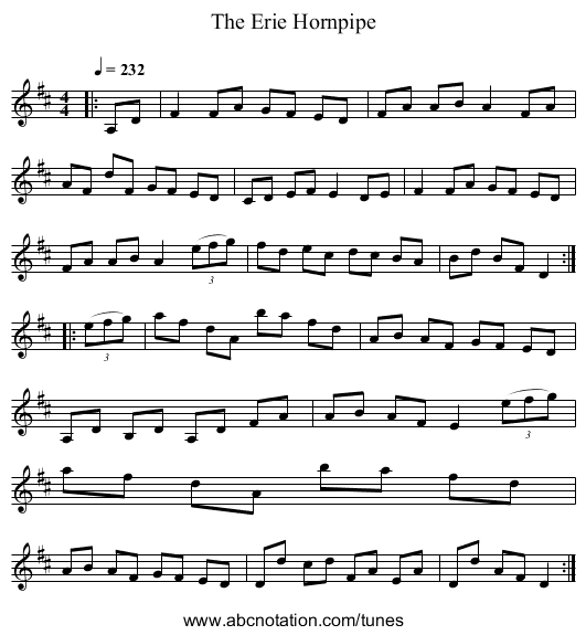 The Erie Hornpipe - staff notation