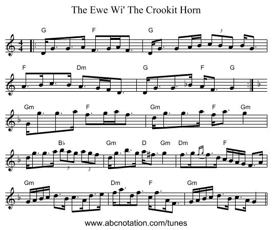 The Ewe Wi' The Crookit Horn - staff notation