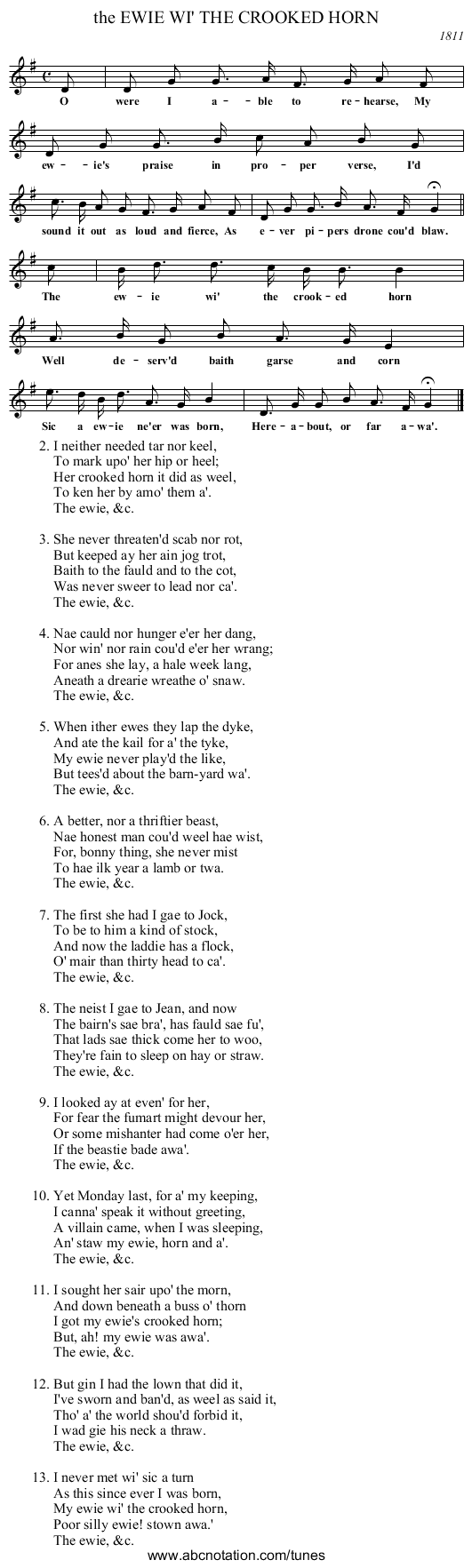 the EWIE WI' THE CROOKED HORN - staff notation