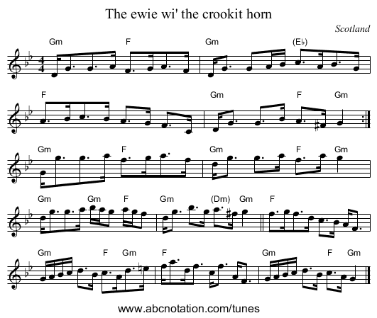 The ewie wi' the crookit horn - staff notation