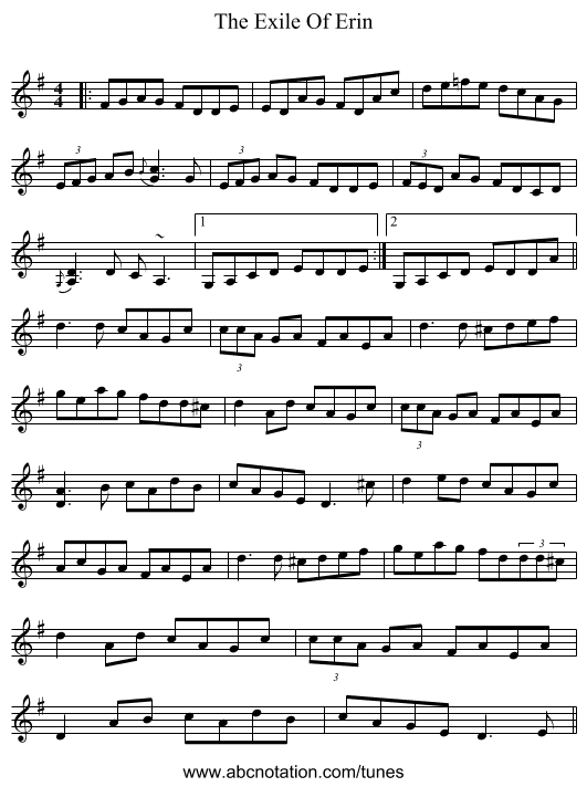 The Exile Of Erin - staff notation