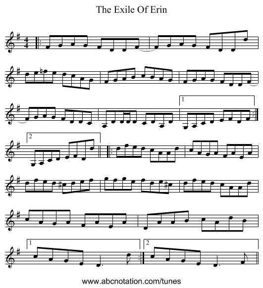 The Exile Of Erin - staff notation