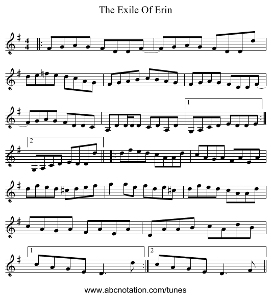 The Exile Of Erin - staff notation