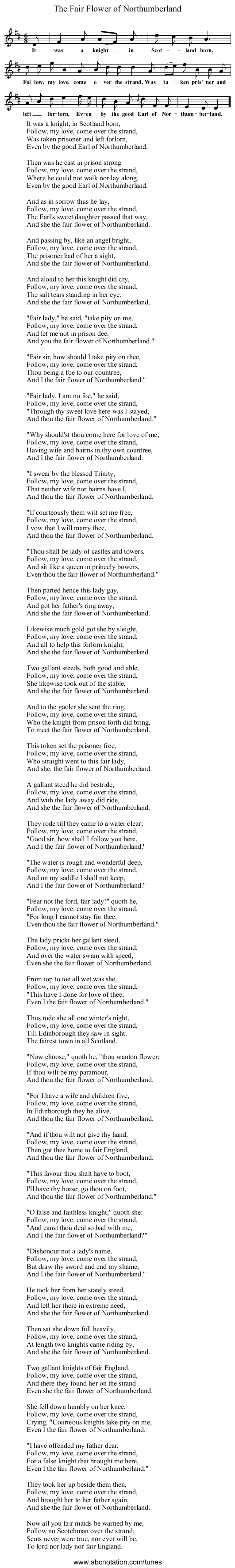 The Fair Flower of Northumberland - staff notation