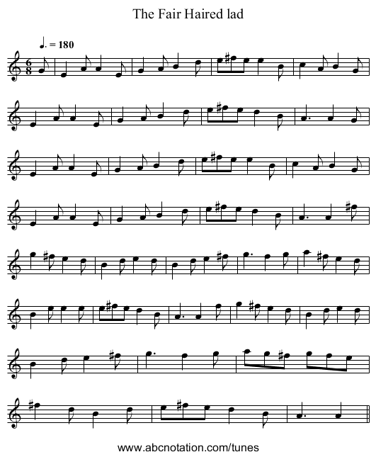 The Fair Haired lad - staff notation