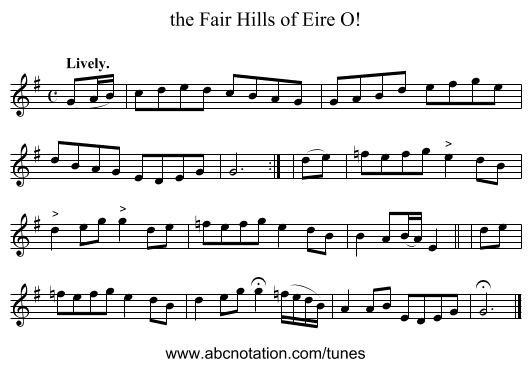 the Fair Hills of Eire O! - staff notation