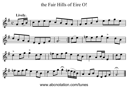 the Fair Hills of Eire O! - staff notation