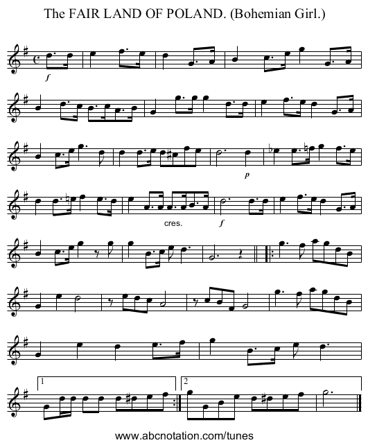 The FAIR LAND OF POLAND. (Bohemian Girl.) - staff notation