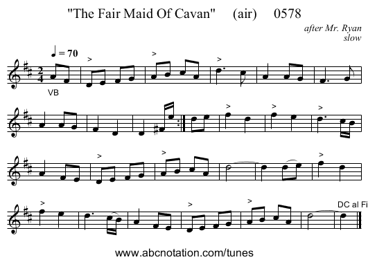 The Fair Maid Of Cavan (air) 0578 - staff notation