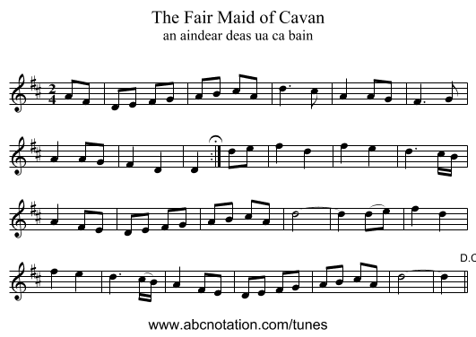 The Fair Maid of Cavan - staff notation