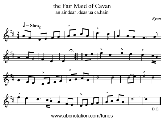 the Fair Maid of Cavan - staff notation