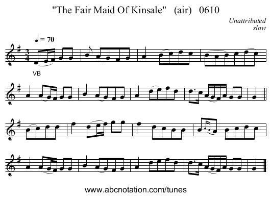 The Fair Maid Of Kinsale   (air)   0610 - staff notation