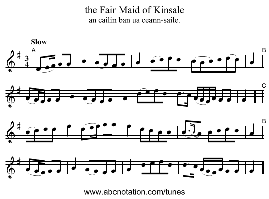 the Fair Maid of Kinsale - staff notation