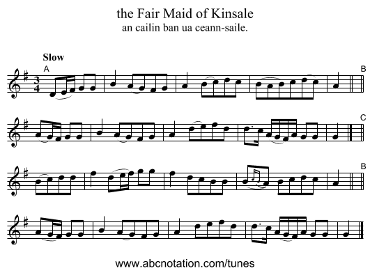 the Fair Maid of Kinsale - staff notation