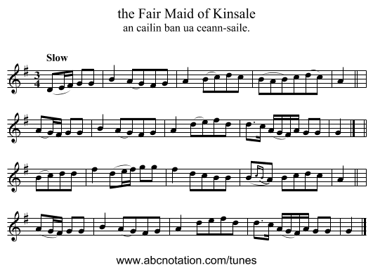 the Fair Maid of Kinsale - staff notation