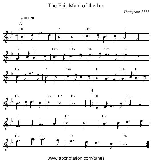 The Fair Maid of the Inn - staff notation