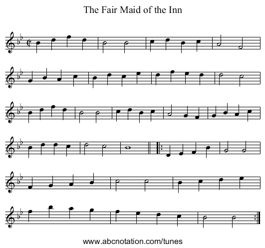 The Fair Maid of the Inn - staff notation