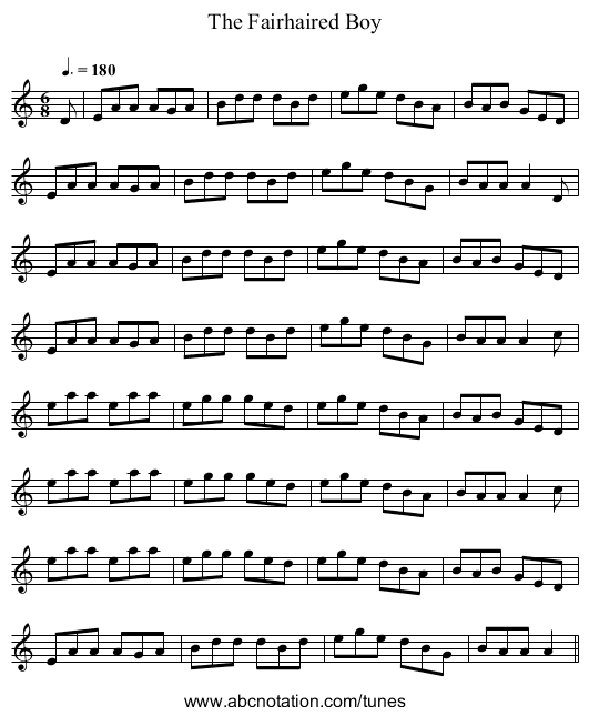 The Fairhaired Boy - staff notation