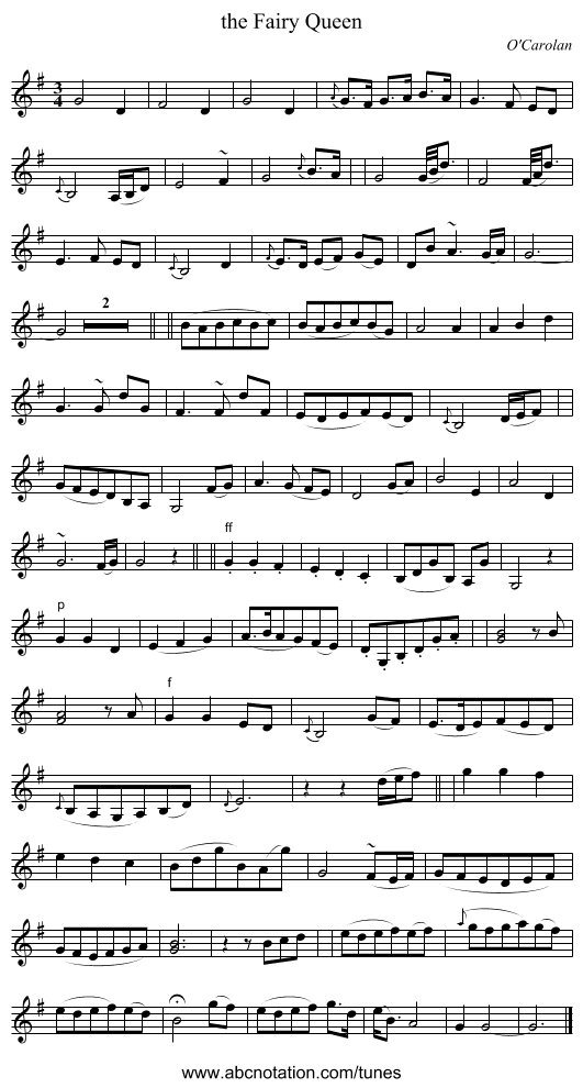 the Fairy Queen - staff notation
