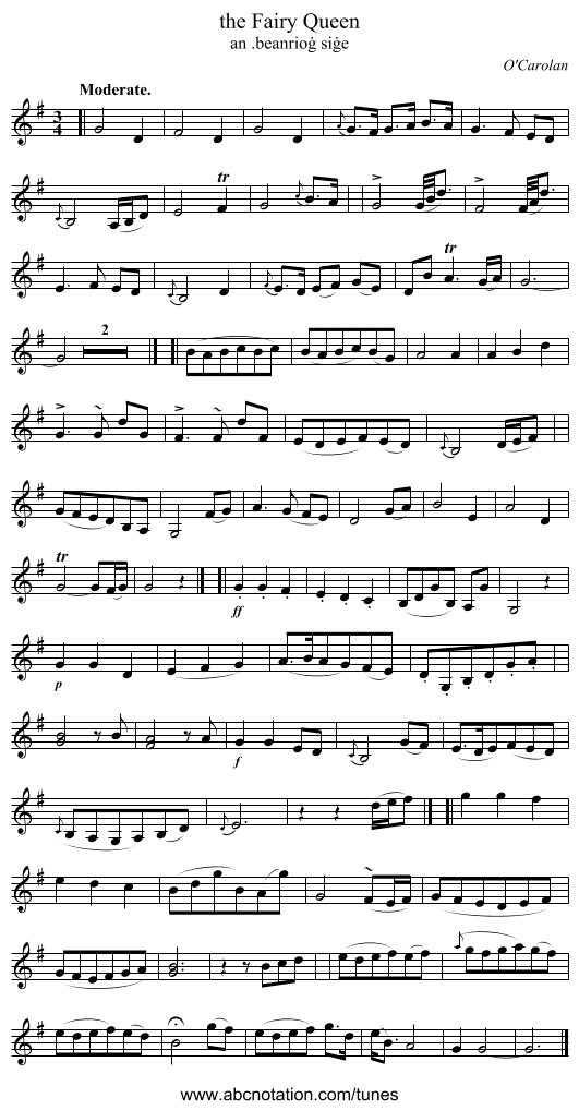 the Fairy Queen - staff notation