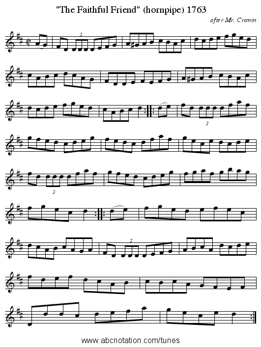 The Faithful Friend (hornpipe) 1763 - staff notation