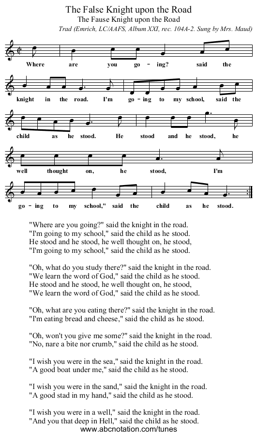 The False Knight upon the Road - staff notation