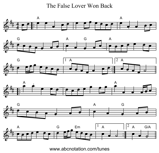 The False Lover Won Back - staff notation