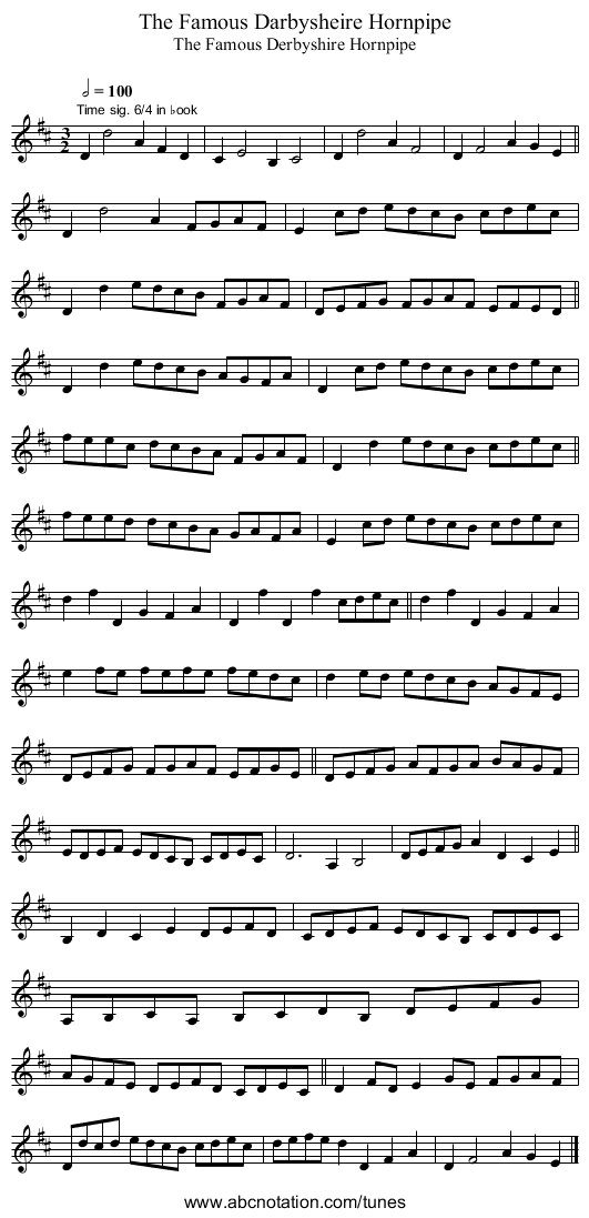 The Famous Darbysheire Hornpipe - staff notation