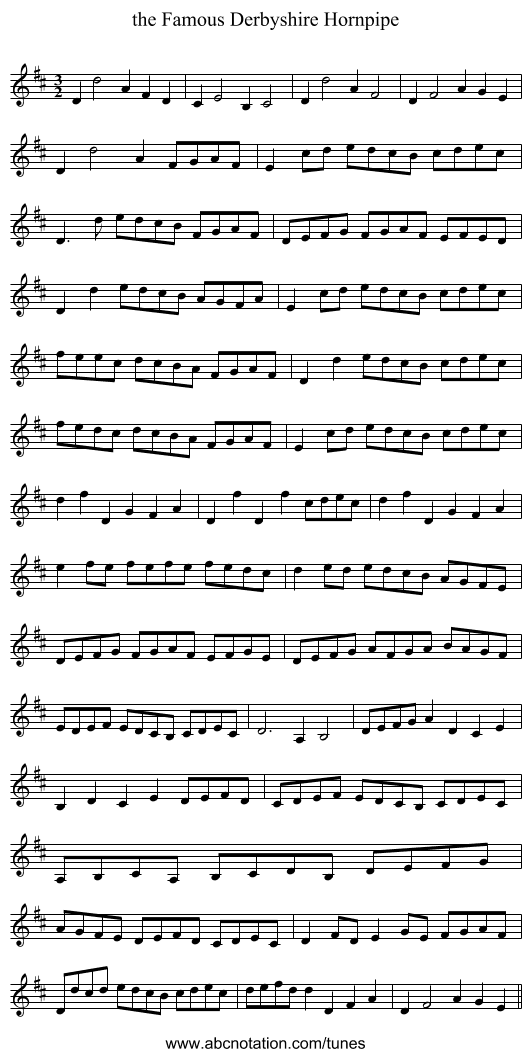 the Famous Derbyshire Hornpipe - staff notation