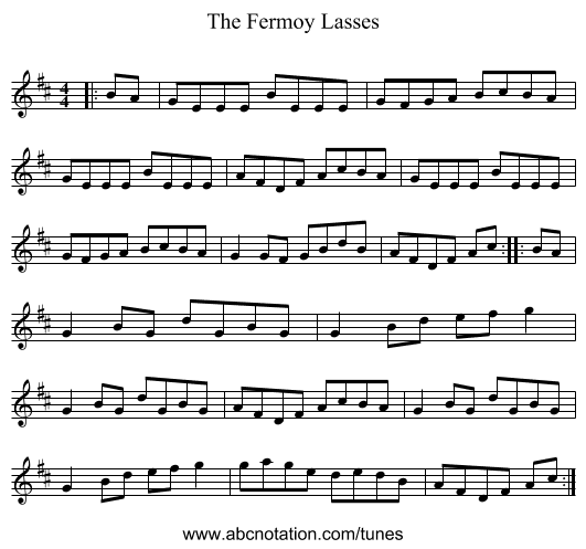 The Fermoy Lasses - staff notation