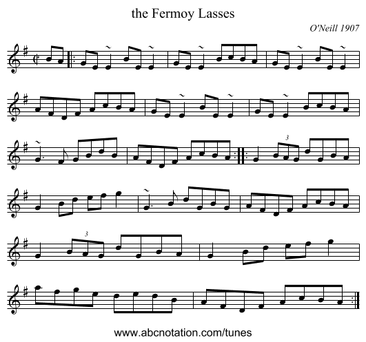 the Fermoy Lasses - staff notation