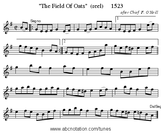 The Field Of Oats  (reel)     1523 - staff notation