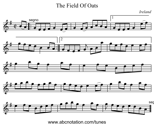 The Field Of Oats - staff notation