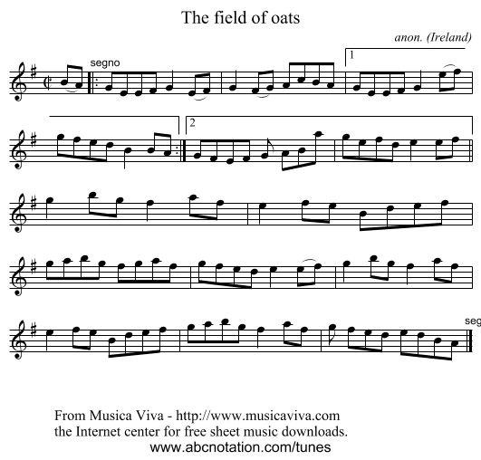 The field of oats - staff notation