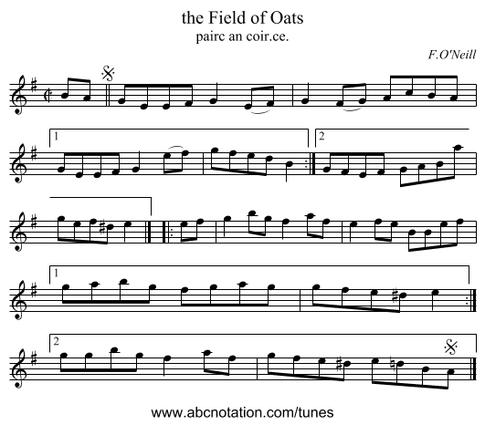 the Field of Oats - staff notation