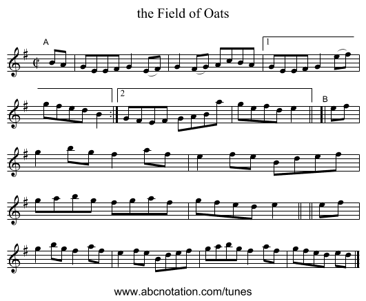 the Field of Oats - staff notation