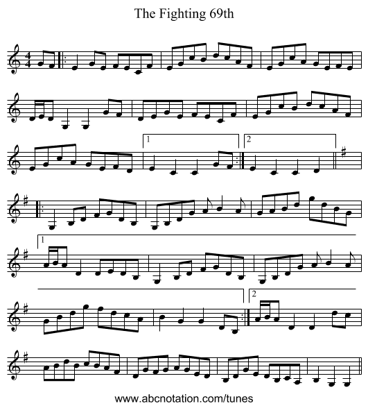 The Fighting 69th - staff notation
