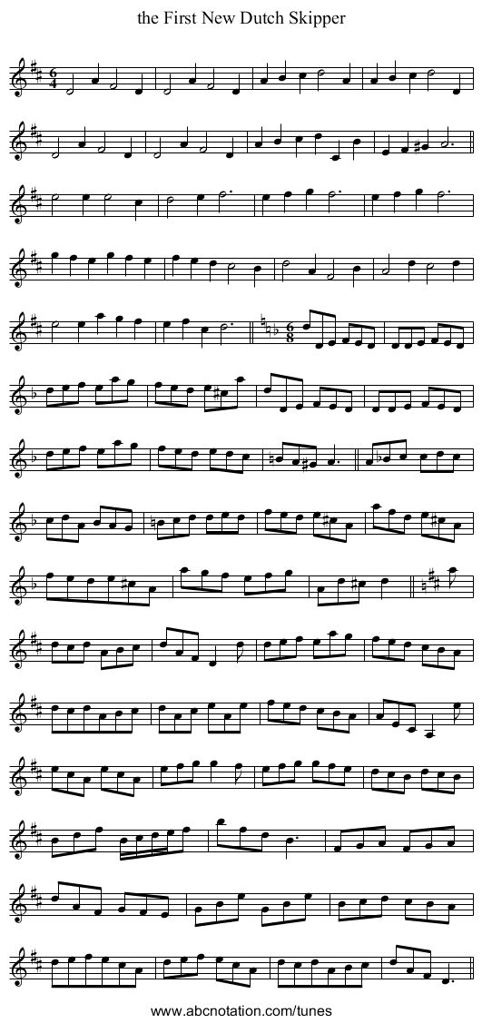 the First New Dutch Skipper - staff notation