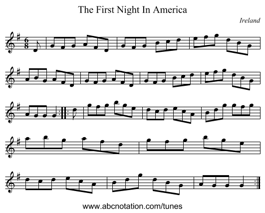 The First Night In America - staff notation
