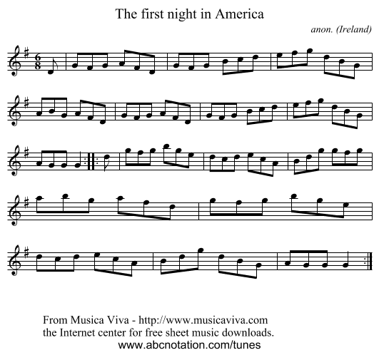 The first night in America - staff notation