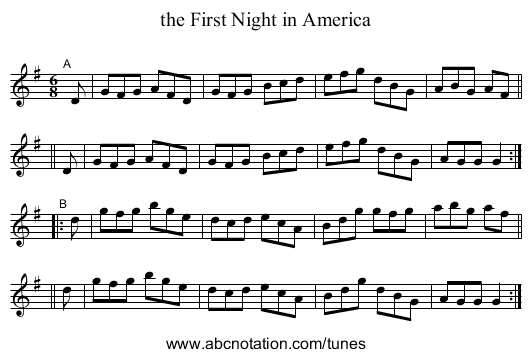the First Night in America - staff notation
